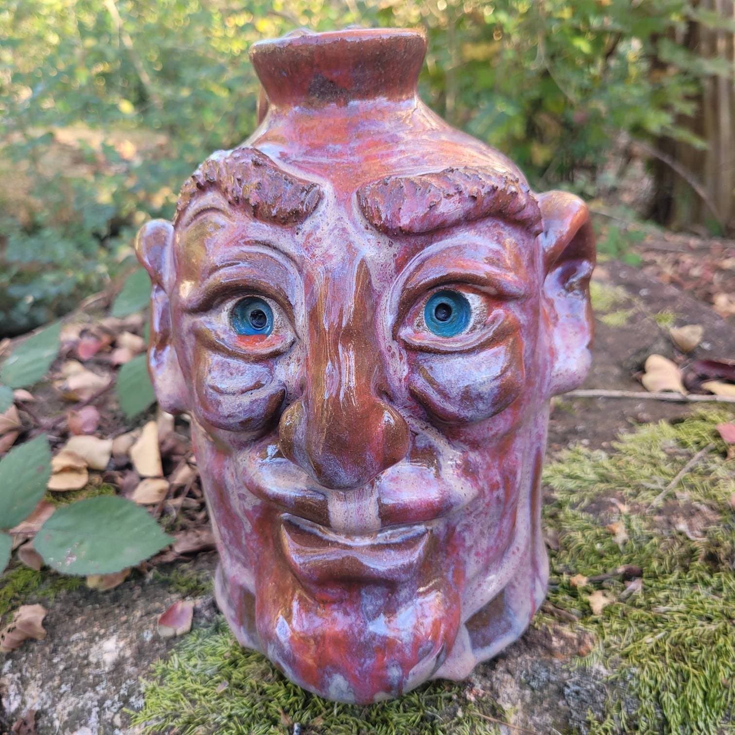 Folk Art Red and Blue Face Jug by Savannah Craven